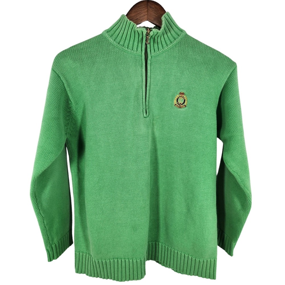 VTG Lauren Ralph Lauren Light Green‎ 100% Cotton 1/4 Zip Sweater Size Small